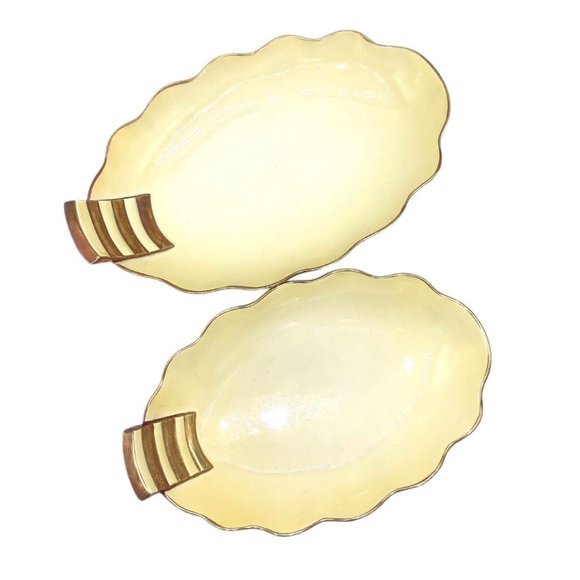 Art Deco Carlton Ware Yellow Gold Rim Stripped Handle Scalloped Oval Platters - Picture 2 of 8